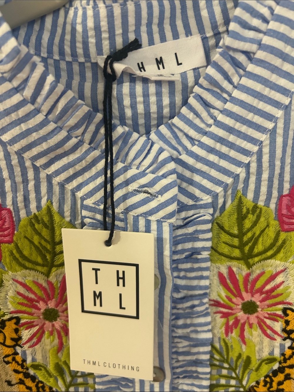THML Blue & White Striped Embroidered Floral Top - Picture 4 of 5
